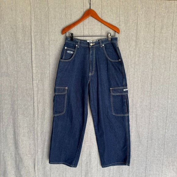 90s Vintage Culture 100% Cotton Dark Denim Rave Cargo Wide  Leg Jeans Size 31 - Picture 1 of 9